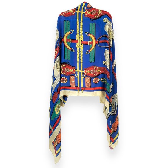 Vintage Accessories - Vintage Multicolor Blue Cream Hermes Style Printed Oversized Silky Wrap Scarf